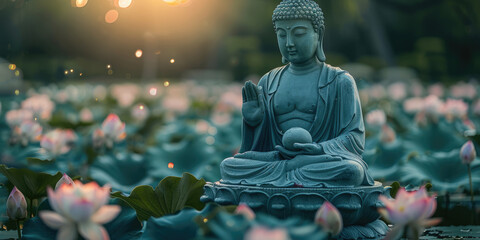 Big stone Buddha statue with lotus flowers outdoors. ai generated