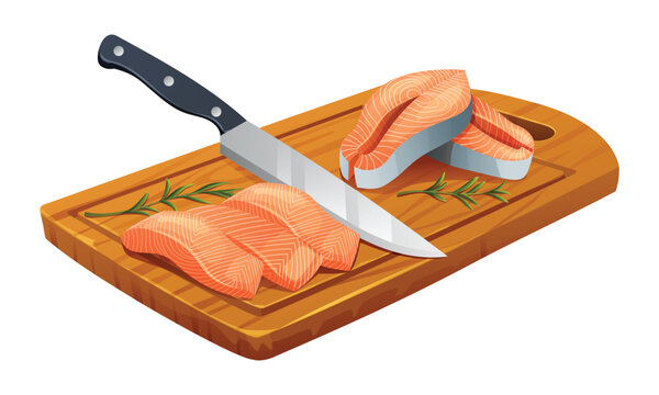salmon slices on wooden board with knife clip art preview