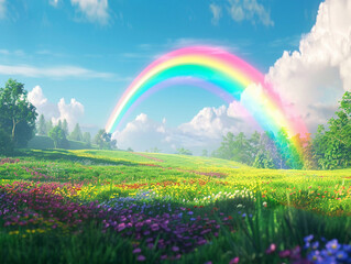 Vibrant Rainbow Over Lush Flower Meadow