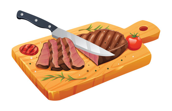 Sliced medium rare grilled beef steak with salt, tomatoes and knife on cutting board. Vector illustration isolated on white background
