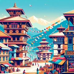  People celebrating festival in front of Nepali temple, traditional neapli dance,
 - obrazy, fototapety, plakaty