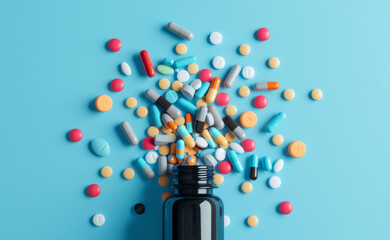 Blue background with spilled pills from white bottle. Close-up of a blue surface with capsules and tablets spilled from a white pill bottle