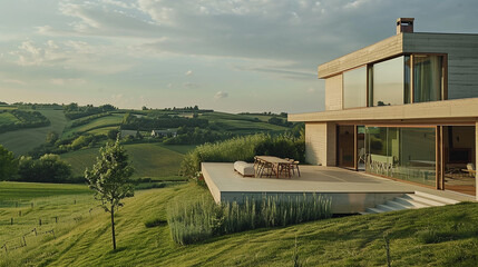 A contemporary farmhouse with a rooftop terrace offering panoramic views of the countryside.