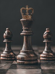 A chess piece in the shape of an king with crown on top, standing between two other pieces The background - obrazy, fototapety, plakaty