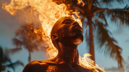 Close-up of Man with Flames on His Head - An intensely detailed close-up of a man's face with flames rising from his head, evoking a powerful transformative energy