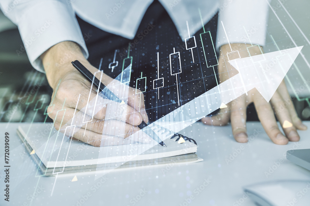 Poster multi exposure of abstract financial diagram with upward arrow and hand writing in notepad on backgr