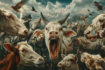 Herd of cows in an apocalyptic scene - Surreal depiction of cows in a seemingly apocalyptic, chaotic environment with a dramatic sky and flying birds - obrazy, fototapety, plakaty