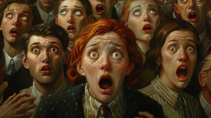 Illustrated crowd with shocked expressions color - A detailed illustration of a diverse crowd with various shocked facial expressions in vivid colors - obrazy, fototapety, plakaty