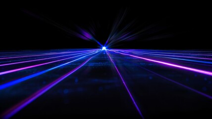 Intense purple and blue laser beams converge - An image featuring intense laser beams in purple and blue converging towards a central bright point