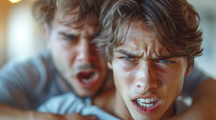Angry man is aggressive, have conflict with young man, holding him by shirt, screaming, threatening him. Friend helping to end fight.