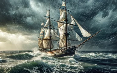 Fotobehang Magnifique galion, grand navire à voile, en plein milieu d'une mer agitée, spectaculaire © remi