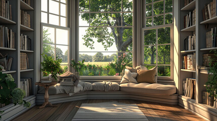 A farmhouse with a cozy reading nook nestled beside a large bay window.