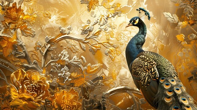 Vintage abstract background with 3D textured painting: floral plants, branches, peacocks in gold. Modern art illustration