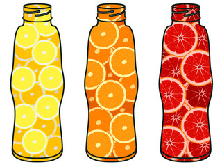 Citrus fruits in bottles, natural juice concept vector illustration