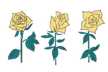 手描き線画の黄色いバラの花（3種類） - obrazy, fototapety, plakaty