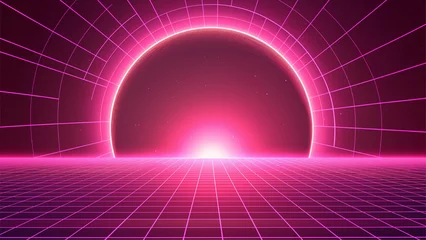 Poster 90s 80s retro synthwave futuristic background with grid and glowing light gradient. © Jrprr