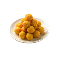 Cheeseballs in a white plate isolated on transparent background.