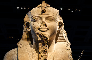 Pharaohs sculptures and artefacts in the ancient Egyptian sculpture room at the British Museum in London  - 772041450