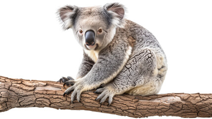 A koala bear on a branch, isolated on a transparent background