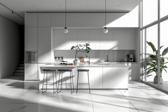 Generate an AI image of an abstract kitchen design featuring minimalist lines, sleek surfaces, and a monochromatic color scheme for a modern and sophisticated look