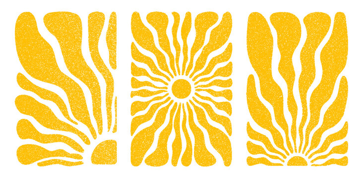 Sun groovy vertical prints set isolated on transparent background. Hand drawn abstract floral patterns with vintage grainy stippling texture . Modern retro Matisse style vector illustration