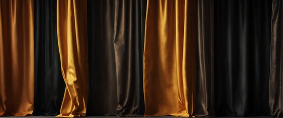 Autumn colors luxurious elegant silk smooth shiny curtain drapes decor hanging on plain black background from Generative AI