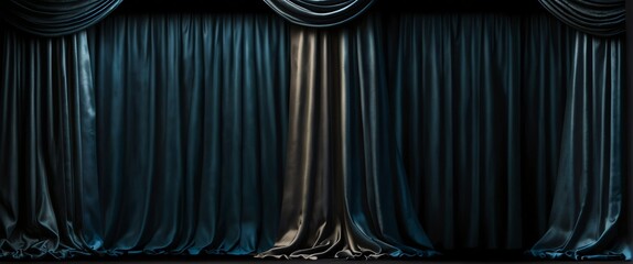 Blue luxurious elegant silk smooth shiny curtain drapes decor hanging on plain black background from Generative AI - obrazy, fototapety, plakaty