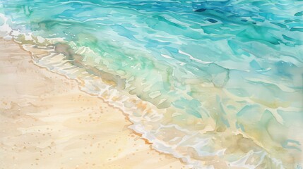 Vibrant watercolor painting of a beach with crystal blue waters meeting golden sands, perfect for tropical themes and travel designs.