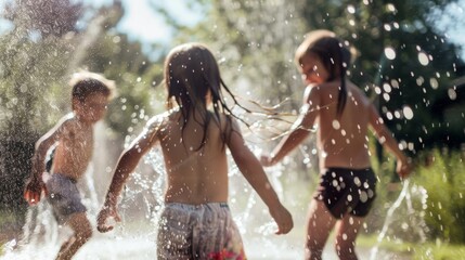 Children gleefully play in a sprinkler on a sunny day, evoking joy and nostalgia, ideal for family, lifestyle, and summer campaigns. - obrazy, fototapety, plakaty
