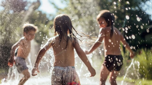 Children gleefully play in a sprinkler on a sunny day, evoking joy and nostalgia, ideal for family, lifestyle, and summer campaigns.