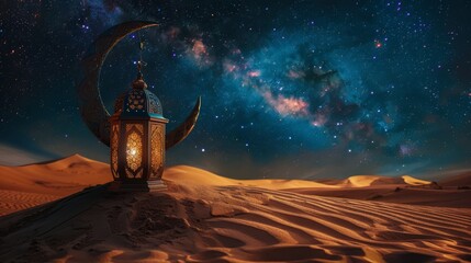 An ornate lantern casts a warm glow on the desert sands under a star-studded sky, invoking a sense of mystery and Arabian nights.