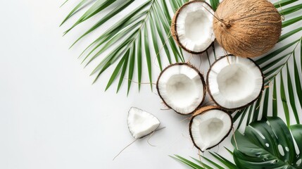 Fototapeta na wymiar Fresh coconuts and tropical palm leaves frame a clean white background, perfect for wellness themes, organic product layouts, or spa marketing materials.