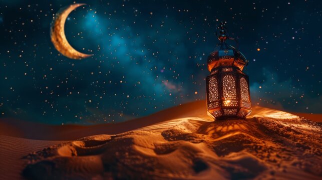 The desert night comes alive with a symphony of stars, highlighted by the soft light of an intricate Moroccan lantern.