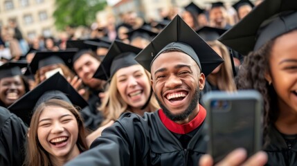 Joyful graduates taking a selfie, epitomizing friendship and success. Great for social media and youth culture representation.