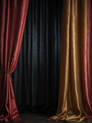 Portrait photo colorful luxurious elegant silk smooth shiny curtain drapes decor hanging on plain black background from Generative AI