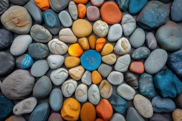 Badezimmer Foto Rückwand Steine ​​im Sand Colorful stones arranged in a creative pattern, highlighting artistic expressionใ