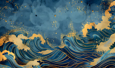 Luxury Blue and Gold Japanese Wave Illustration, Generative AI