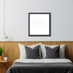 Blank picture frame mockup in minimal bedroom