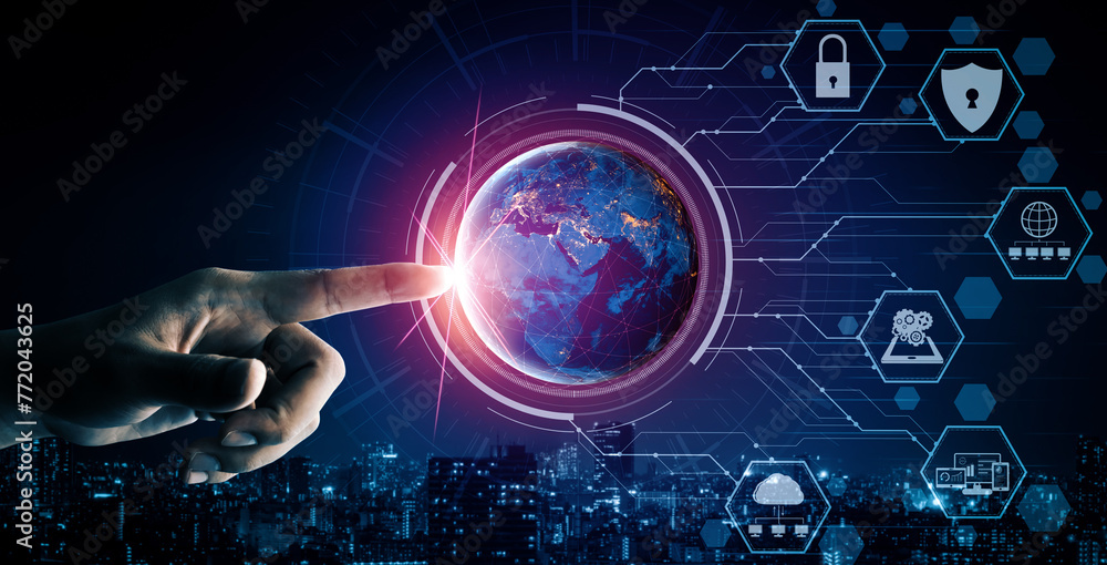 Poster cyber security and digital data protection concept. icon interface showing secure firewall technolog