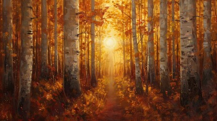 Obraz premium Oil painting of a birch forest at sunset during autumn