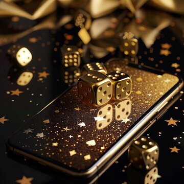 a beautiful gold black background with golden poker cards and dice, mobile wallpaper