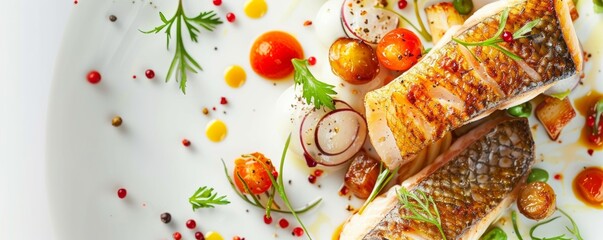 Upscale culinary feast where sea bass and flounder are transformed into artful