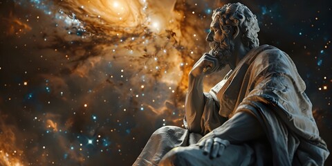 Wise Philosopher in Cosmos of Contemplation Pondering Under Starry Skies in Surreal D Render - obrazy, fototapety, plakaty