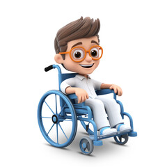 3d cute patient character in a wheelchair with glasses and a shirt