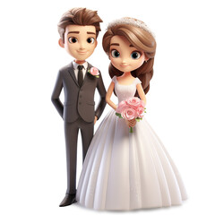 3d cute bride and groom character posing for a photo