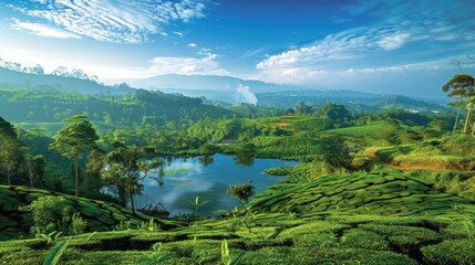 Tea plantation with lush greenery stretching as far as the eye can see.