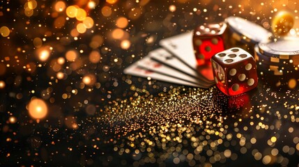 golden cards with dice and poker chips on dark background, mobile wallpaper - obrazy, fototapety, plakaty