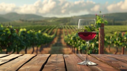 Empty wooden tabletop with glass of wine on vineyard background, highlighting wine tasting and...