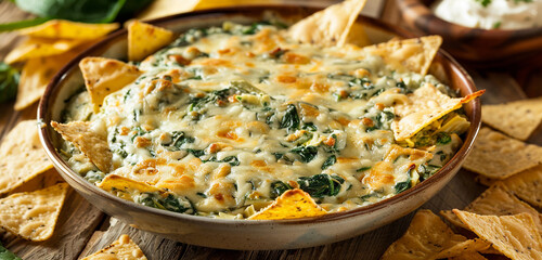 Creamy spinach and artichoke dip served with crispy tortilla chips for dipping.
