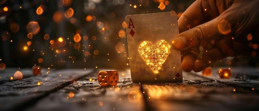 a poker card with golden cards and dice, dark background, golden glow, hearts symbols, poker elements, mobile wallpaper